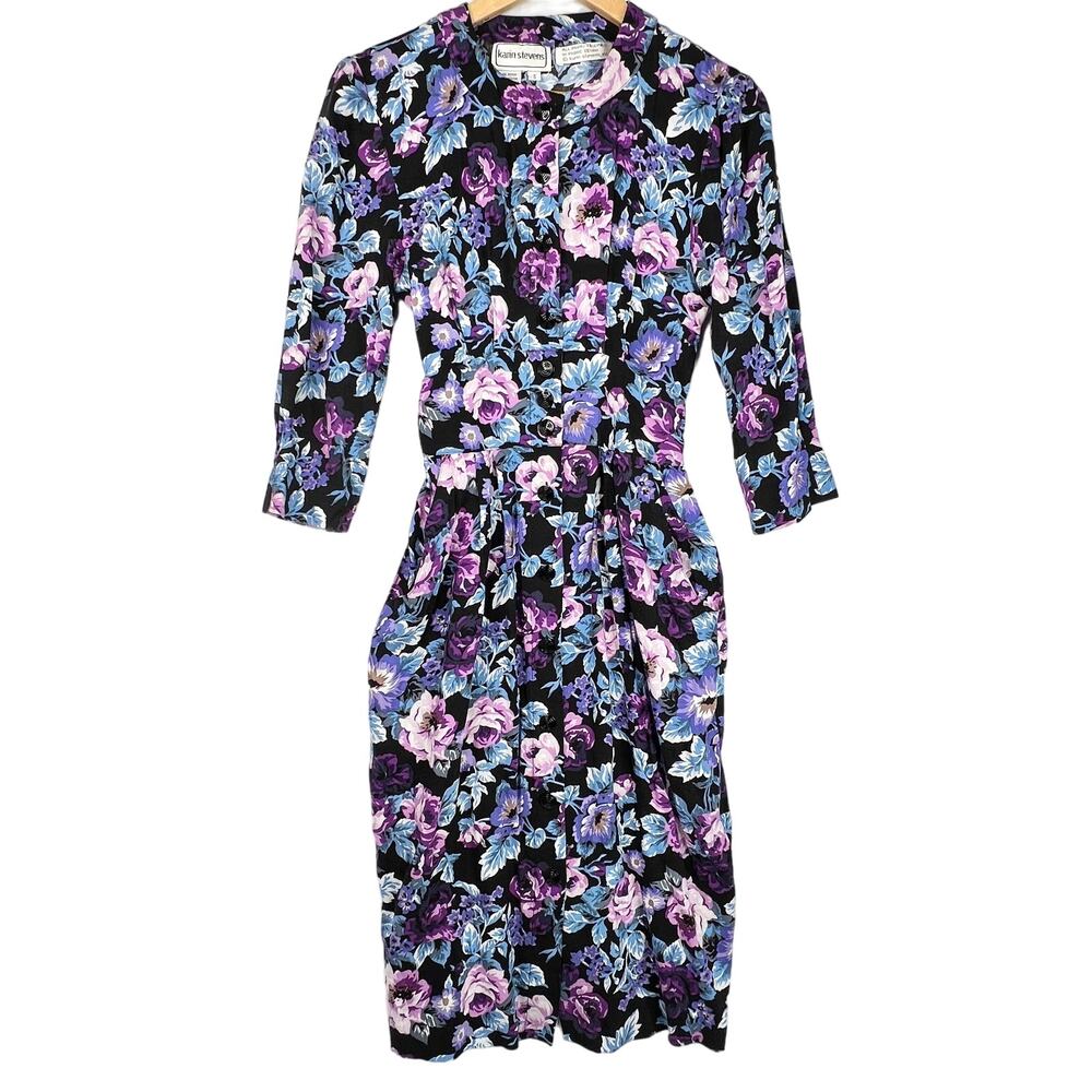 Vintage Karin Stevens Dark Floral Midi Dress XS